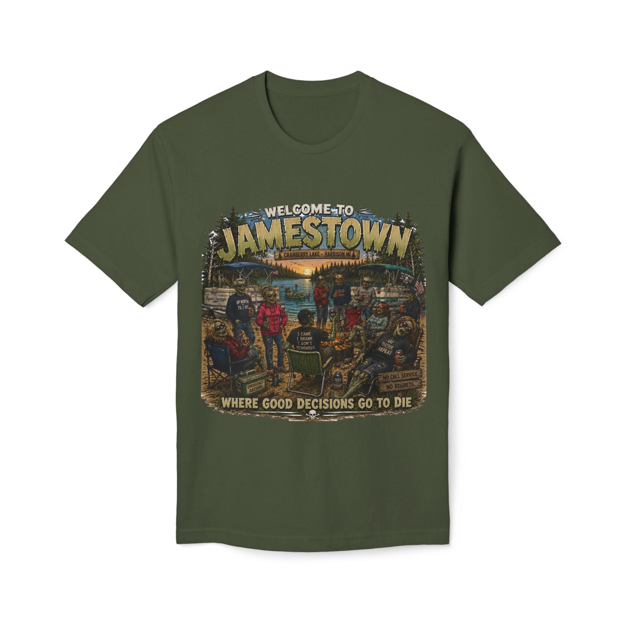 Jamestown Retro Camp T-Shirt — "Welcome to Jamestown: Where Good Decisions Go to Die"