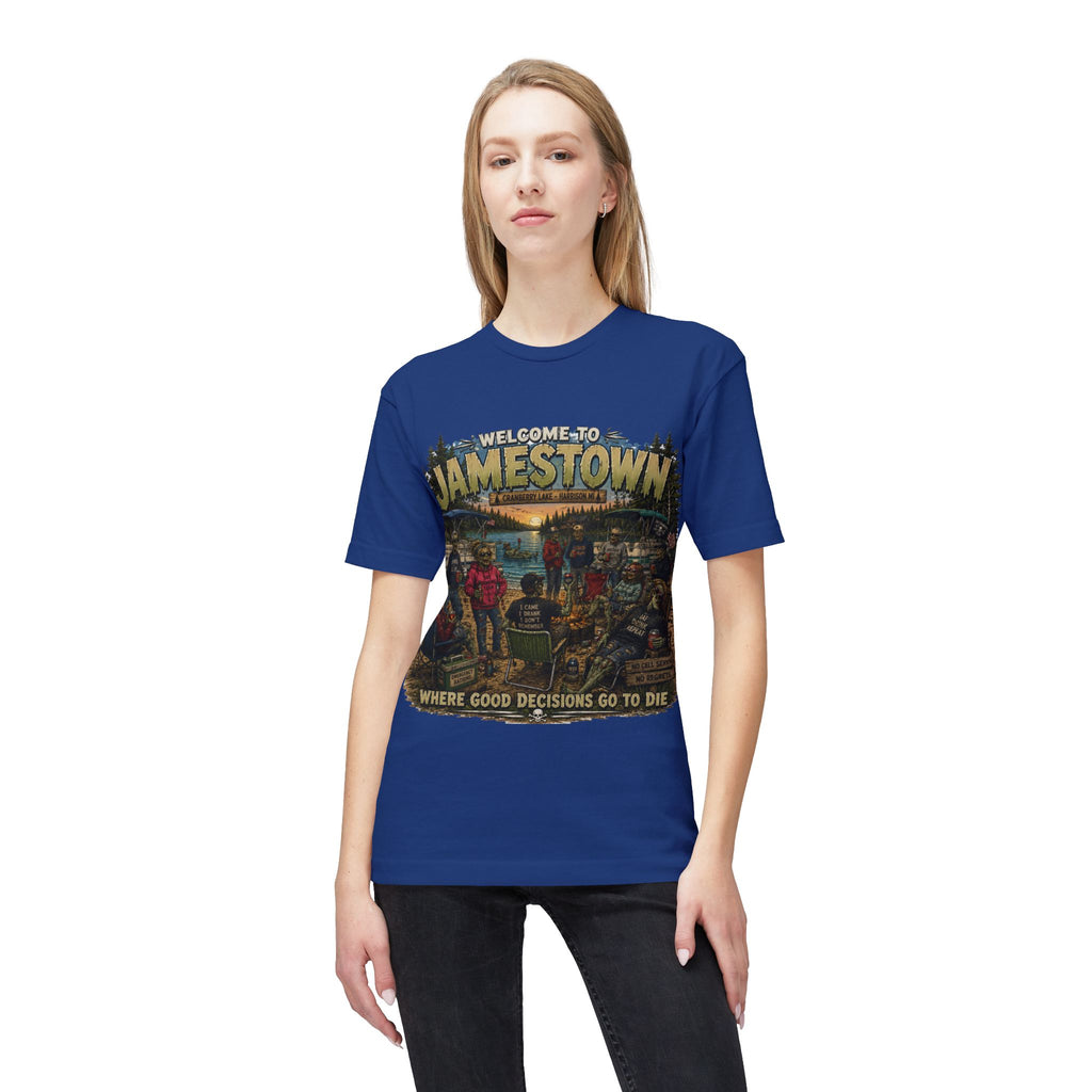 Jamestown Retro Camp T-Shirt — "Welcome to Jamestown: Where Good Decisions Go to Die"