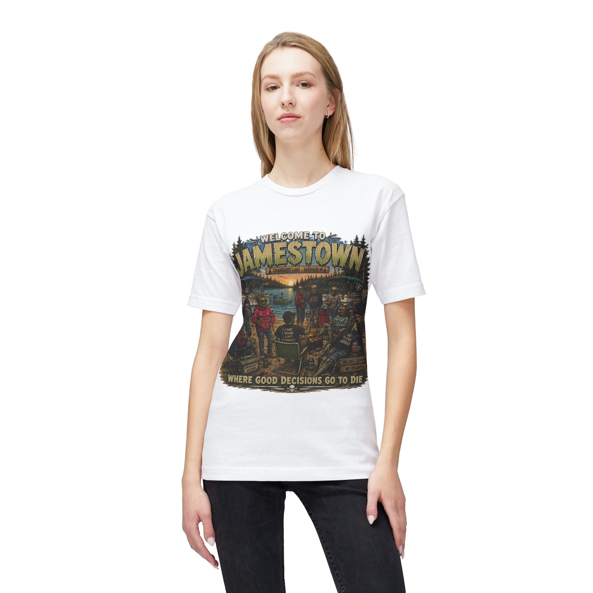 Jamestown Retro Camp T-Shirt — "Welcome to Jamestown: Where Good Decisions Go to Die"