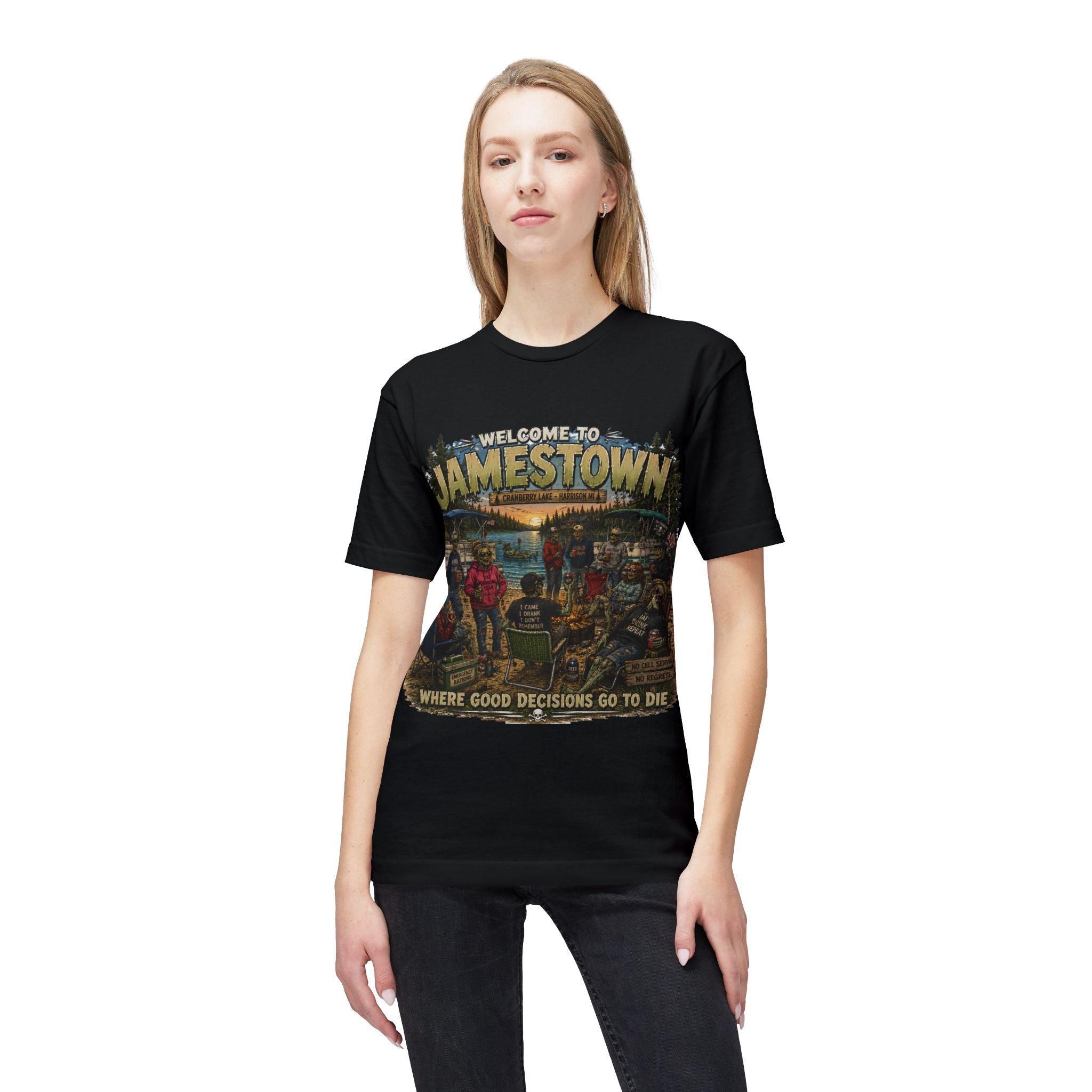 Jamestown Retro Camp T-Shirt — "Welcome to Jamestown: Where Good Decisions Go to Die"