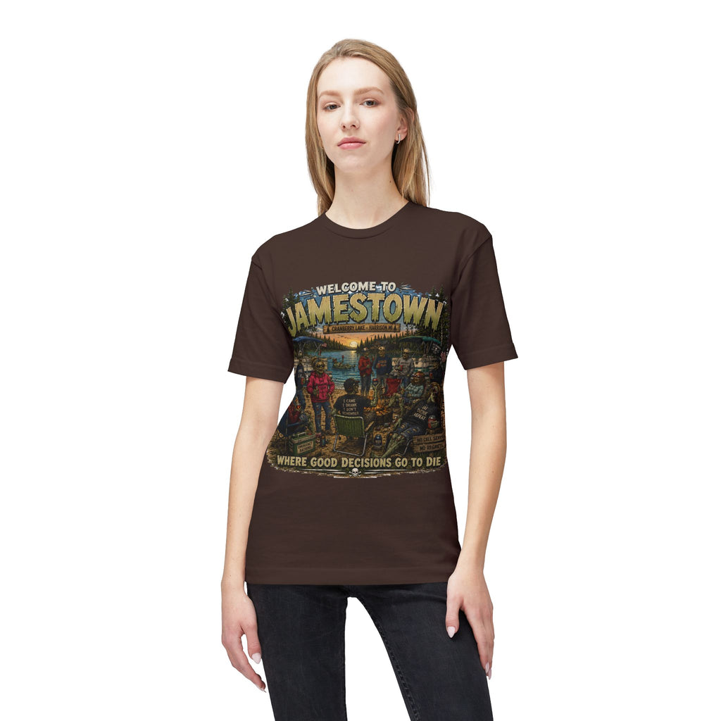 Jamestown Retro Camp T-Shirt — "Welcome to Jamestown: Where Good Decisions Go to Die"
