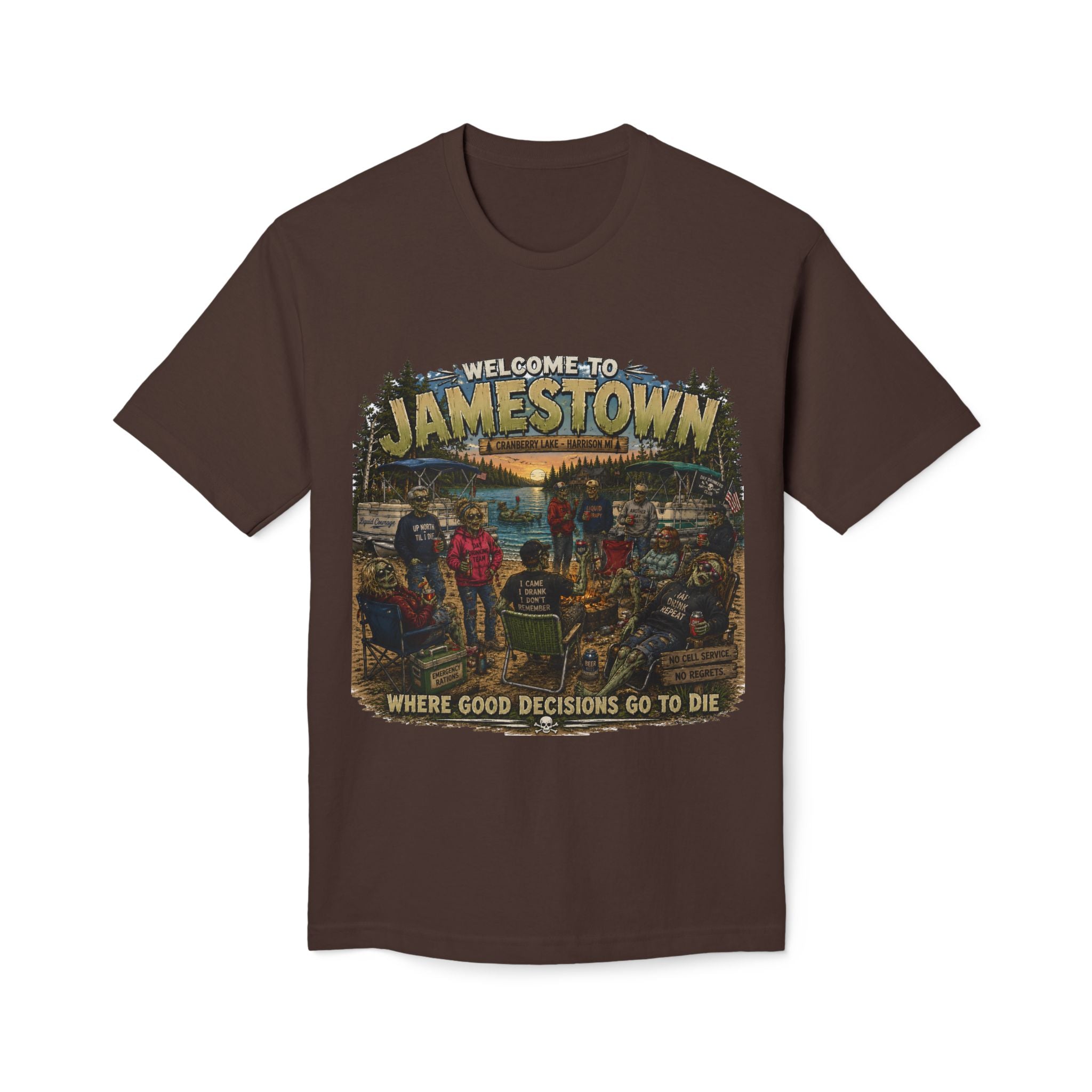 Jamestown Retro Camp T-Shirt — "Welcome to Jamestown: Where Good Decisions Go to Die"