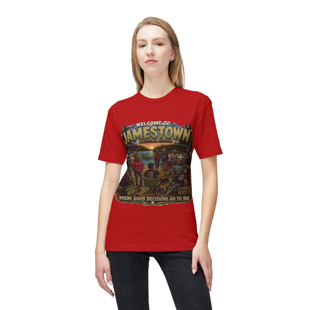 Jamestown Retro Camp T-Shirt — "Welcome to Jamestown: Where Good Decisions Go to Die"