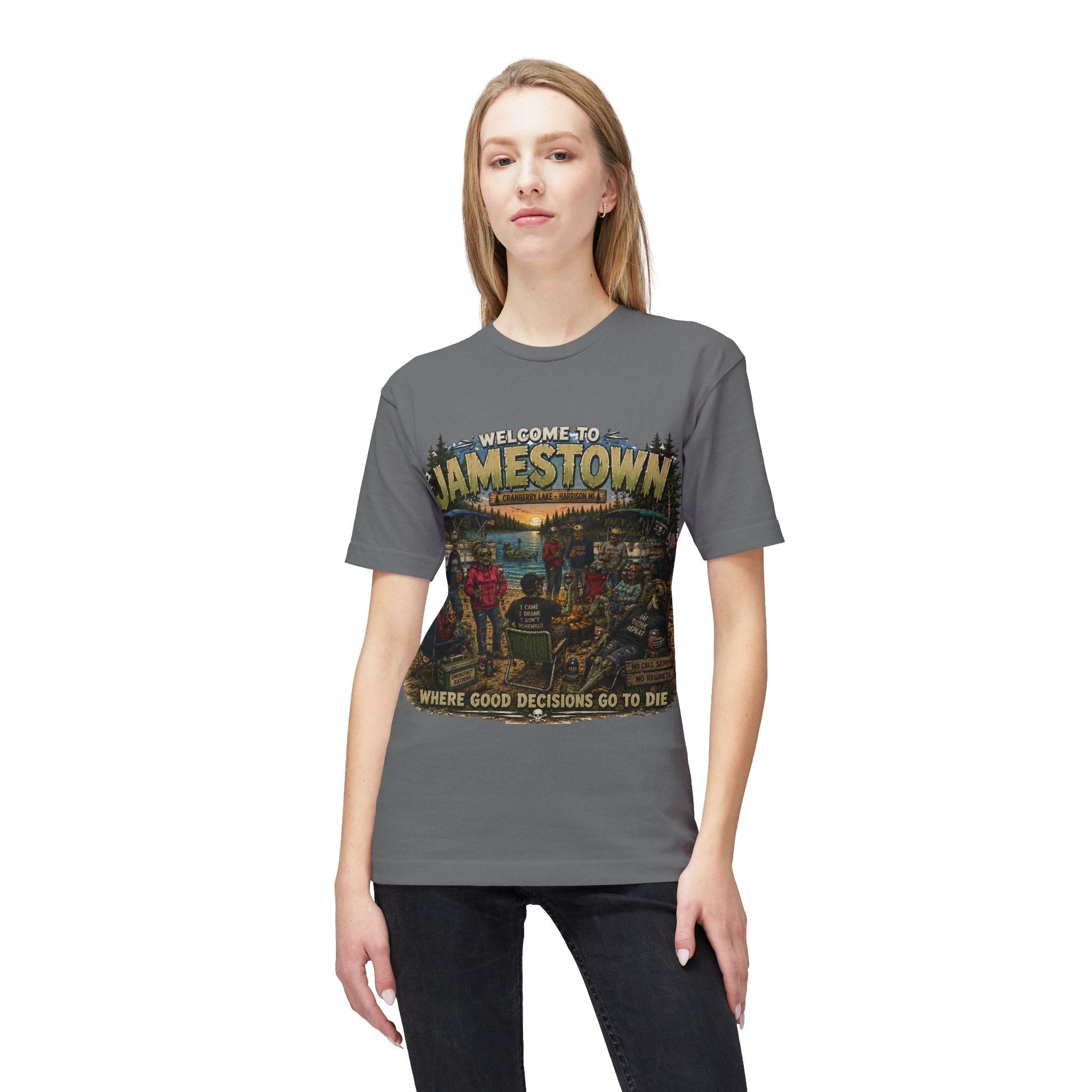 Jamestown Retro Camp T-Shirt — "Welcome to Jamestown: Where Good Decisions Go to Die"