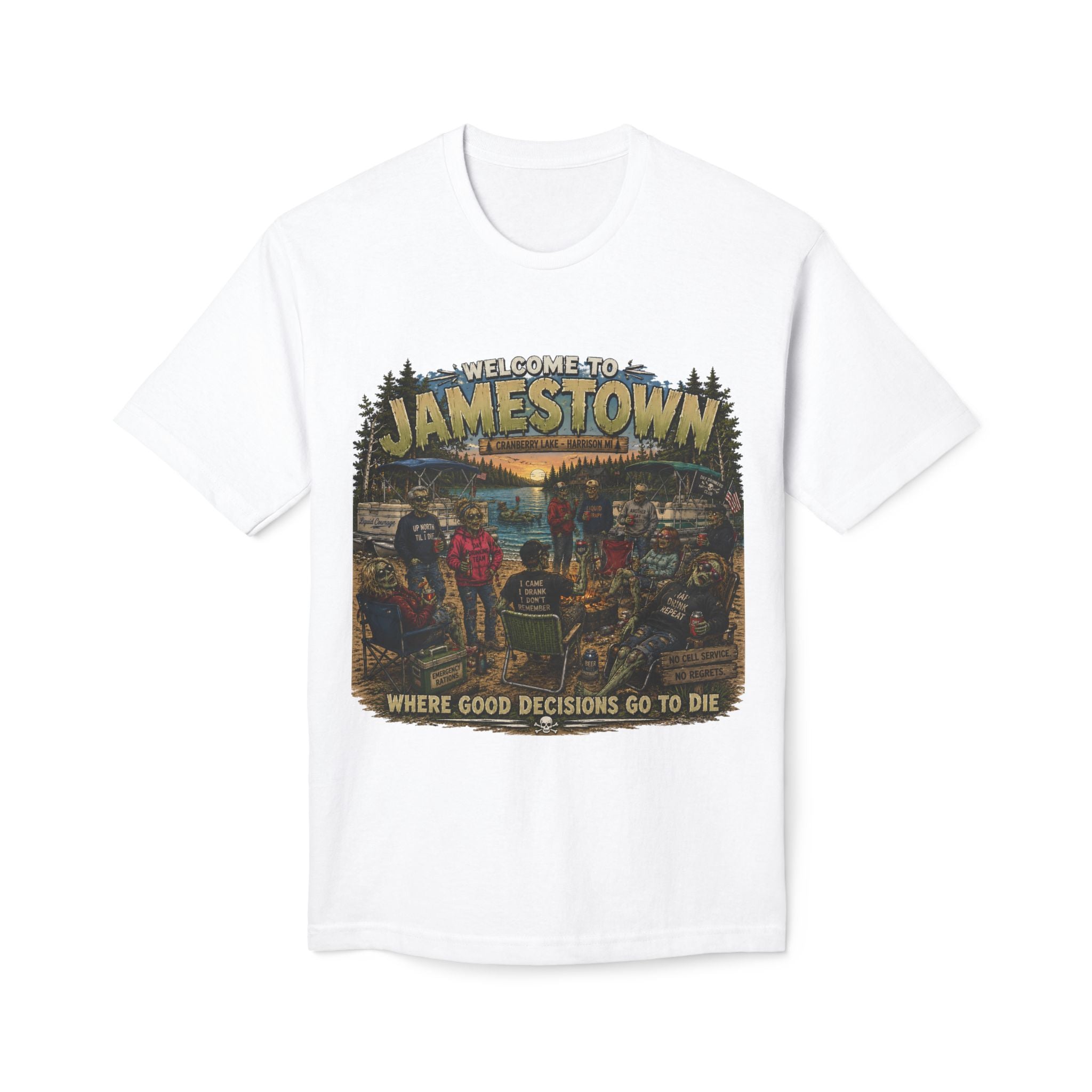 Jamestown Retro Camp T-Shirt — "Welcome to Jamestown: Where Good Decisions Go to Die"