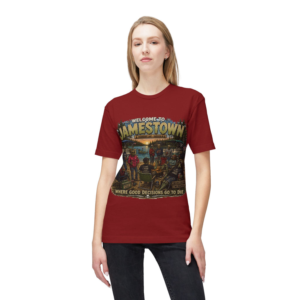 Jamestown Retro Camp T-Shirt — "Welcome to Jamestown: Where Good Decisions Go to Die"